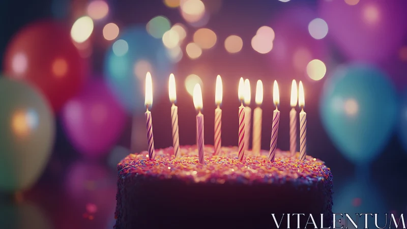 Glowing Birthday Cake Candles Against Festive Bokeh.