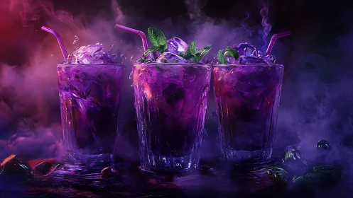 Three Purple Cocktails with Atmospheric Smoke and Mint.