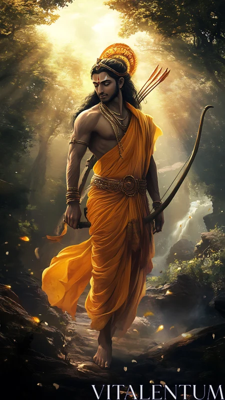 Warrior deity walks through sunlit forest in golden robes.
