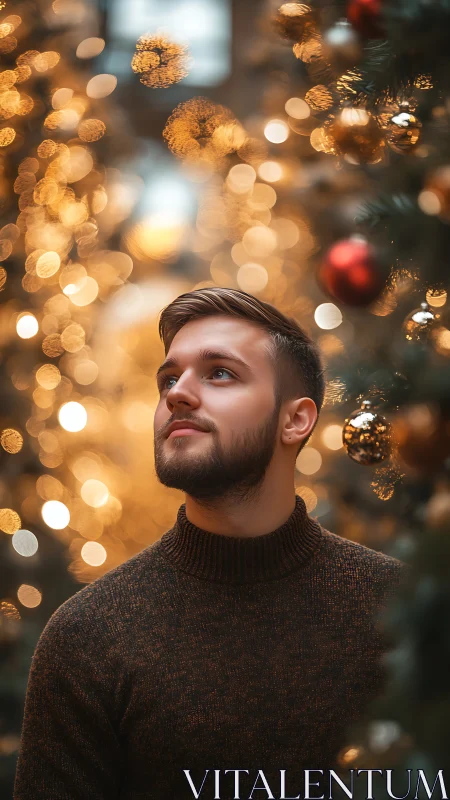 Soft-lit dreamer amid golden holiday bokeh wonderland.