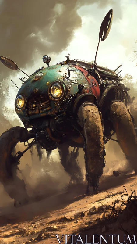 Rusty beetle mech trudges through stormlit wasteland skies.