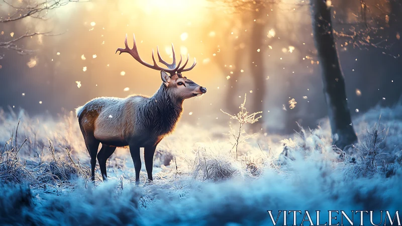 Gentle stag pausing in a frosted forest sunrise glow.