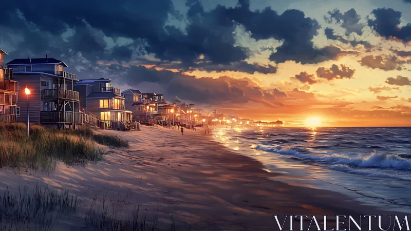 Sunset stroll beside glowing beach houses and gentle waves.