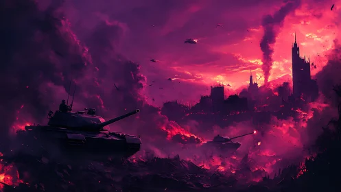 Crimson dusk over ruined city and advancing steel tanks.