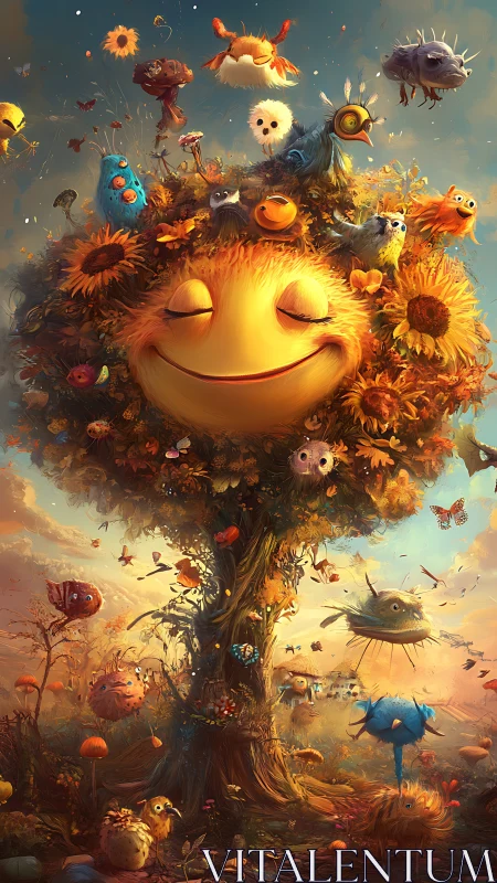 Smiling fantasy tree filled with playful glowing creatures.