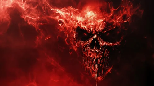 Fiery crimson skull emerging from swirling smoky darkness.