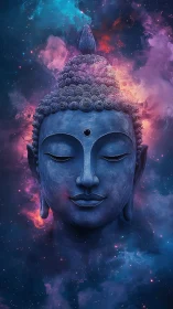 Digital painting of cosmic Buddha head in nebula field.
