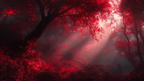 Crimson Forest Whispers Through Mystical Fog