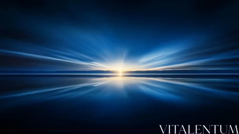 Horizon sunrise with radial blue light over mirrored water.