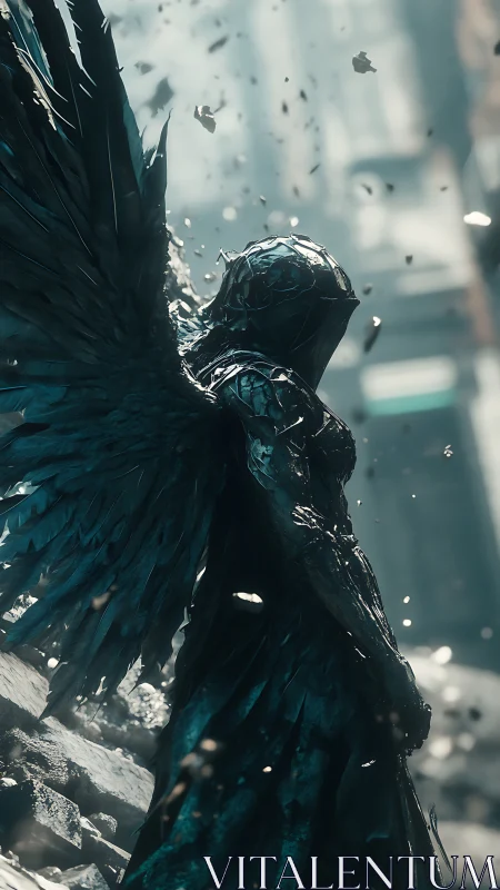 Winged armored figure in ruined urban environment. Period.