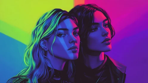 Neon-lit dual portraits merge cyan, magenta, and yellow glow.