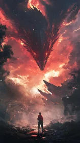 Lone figure stands beneath descending fiery sky entity