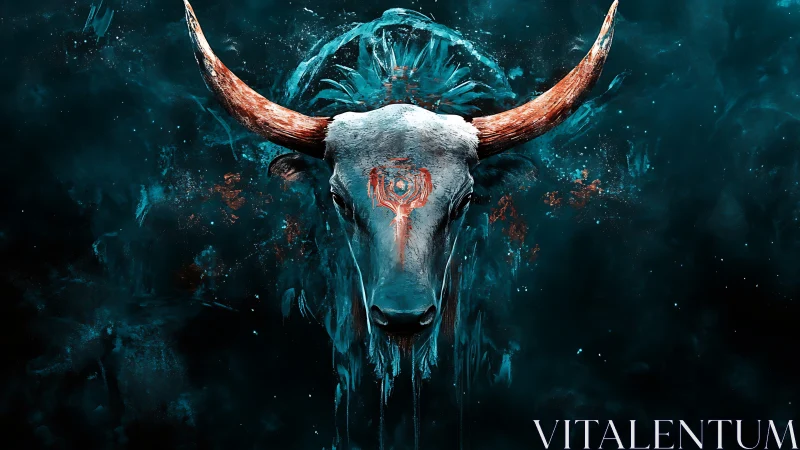 Bull skull front view is rendered in teal and orange tones