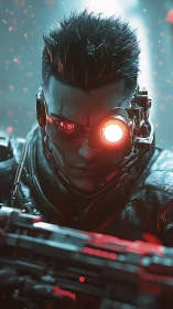 Cybernetic sniper with glowing monocle in neon haze.
