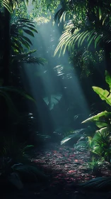 Jungle corridor lit by rays through dense tropical canopy