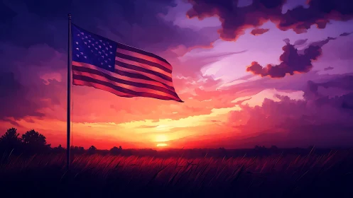 Twilight winds cradle the American flag above ember fields.