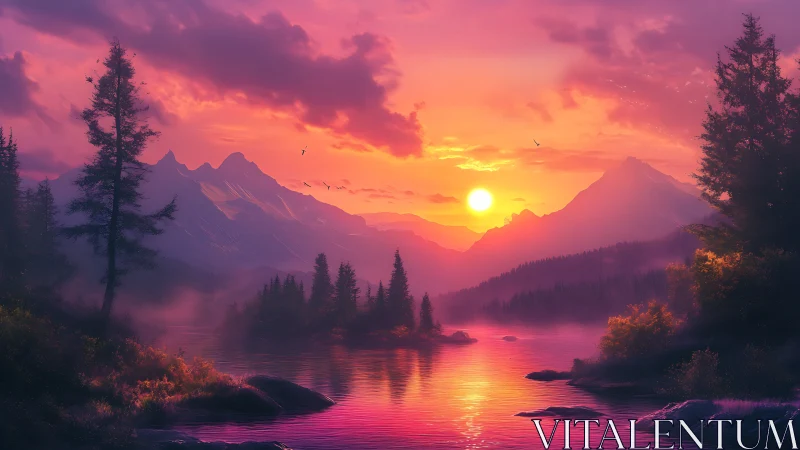 Hyperreal alpine lake sunset with misty conifer silhouettes