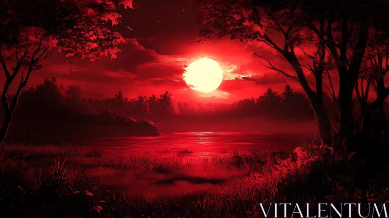 Bloodred moon drenches a silent forest lake in molten glow