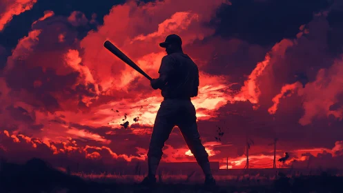 Lone batter ignites a storm-red sky with poised swing.