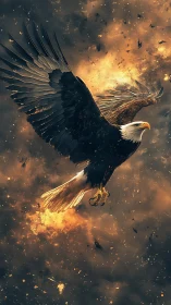 Soaring eagle glides through glowing stormlit skies.