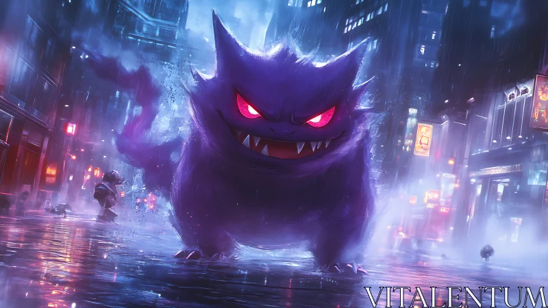 Gengar stalks a neon rain-soaked alley in cinematic cyber-noir