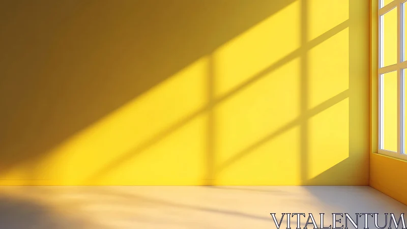Sunlit yellow wall casting long geometric window shadows.