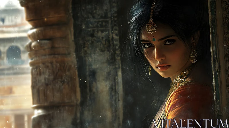 Low key portrait of jeweled woman in textured temple doorway