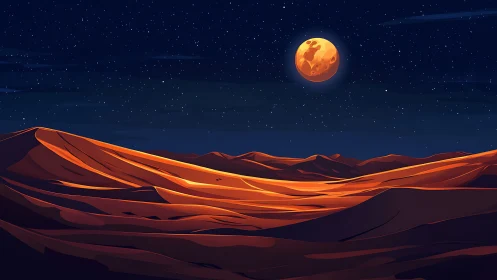 Desert dunes under orange moonlit night sky panorama.