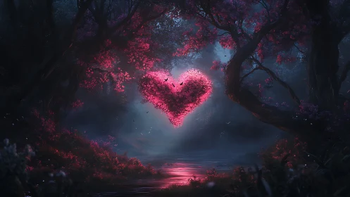 Luminescent Heart Forest. Ethereal Pink Glow.