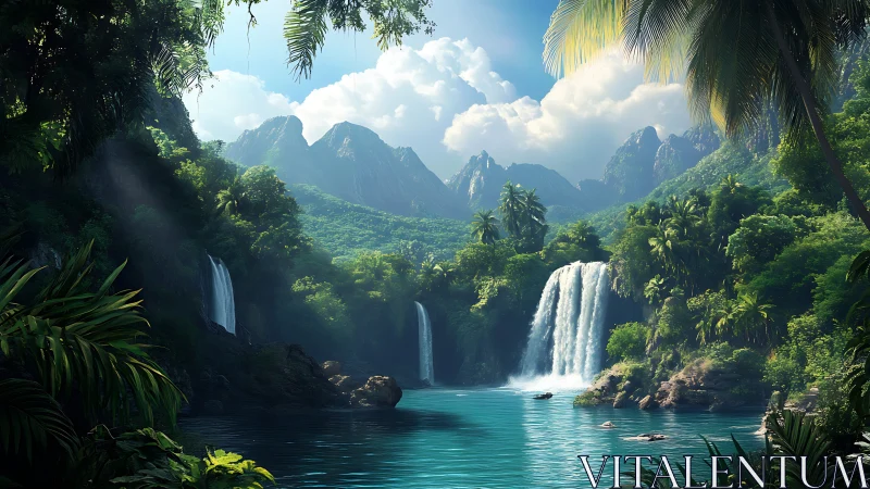 Hidden waterfall lagoon wrapped in lush emerald jungle calm.