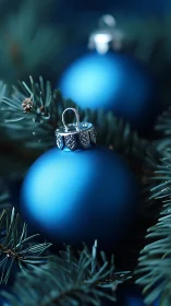 Cobalt blue baubles nestled in evergreen holiday boughs.