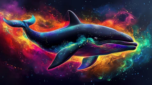 Whale silhouette floats through neon multicolor cosmic clouds