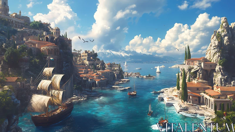Fantasy Mediterranean harbor city with tall ships and villas.