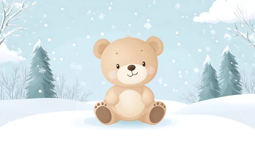 Cartoon teddy bear seated in snowy winter landscape.
