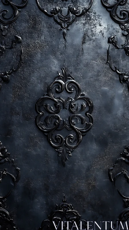 Dark baroque wall panel shows raised glossy ornament