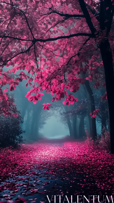 Infrared-toned forest path with magenta canopy and foggy depth