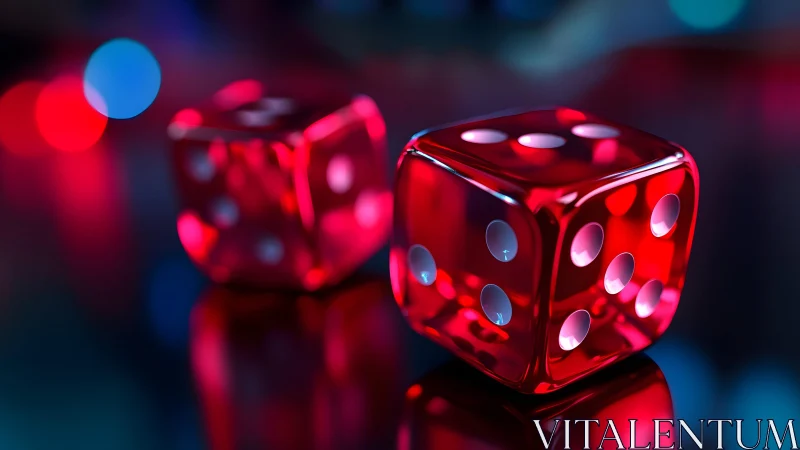 Shiny Red Dice on Reflective Surface with Colorful Bokeh Lights.