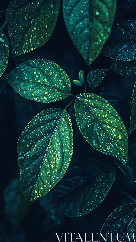 Close view of wet green leaves with water droplets at night.