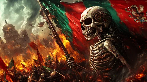 Fiery skeletal standard bearer strides through a blazing revolt