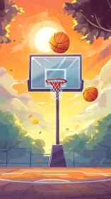 Sunlit park court with soaring basketballs at golden hour.