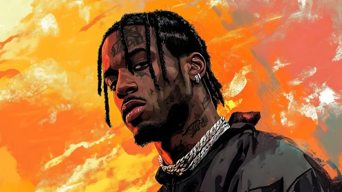 Vector hip-hop portrait with orange abstract painterly sky