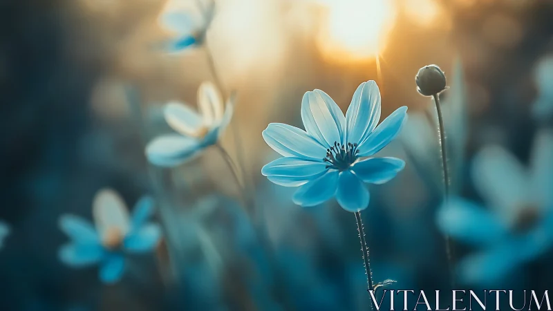 Blue Cosmos Flowers Bloom in Golden Sunlight