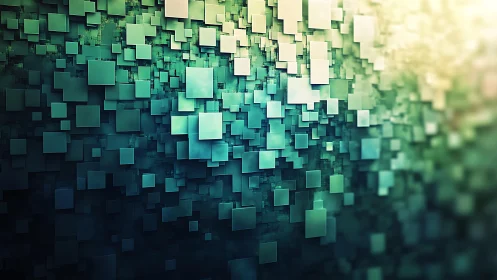 Abstract 3D teal squares digital art with glowing gradient effect.