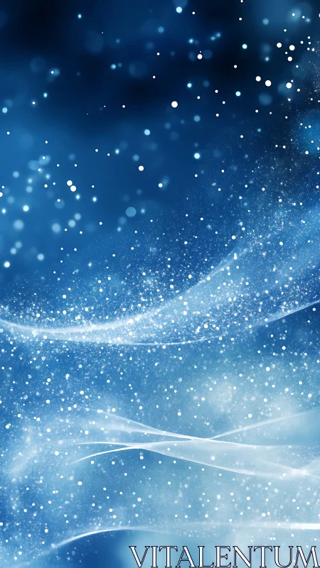 Luminous bokeh particles drift across layered blue atmosphere