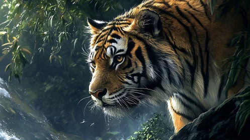 Tiger stalks riverside ledge under filtered jungle light.