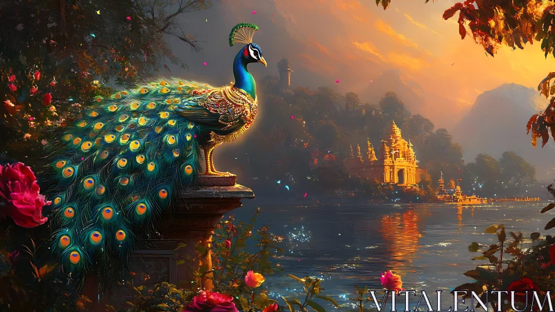 Regal jewel-toned peacock guarding a sunset temple river.