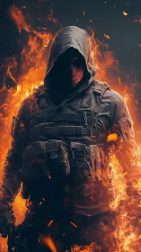 Hooded tactical figure standing in armor amid rising flames.