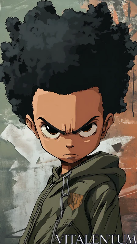 Serious boy in green hoodie stands before distressed wall