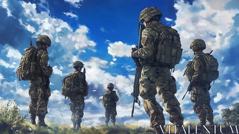 Infantry squad under cumuliform sky in tactical dispersal formation.