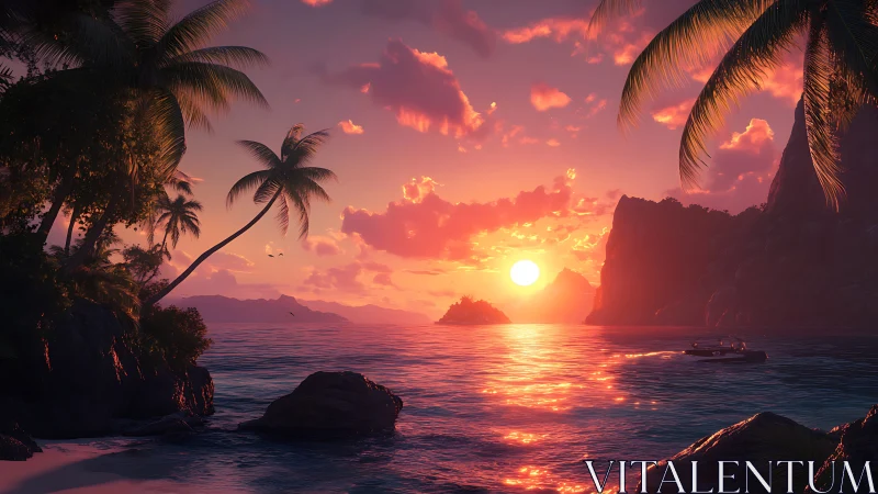 Tropical Sunset Over Island Cove with Palm Trees